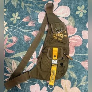 Source Unknown Olive Crossbody Bag with Yellow Strap